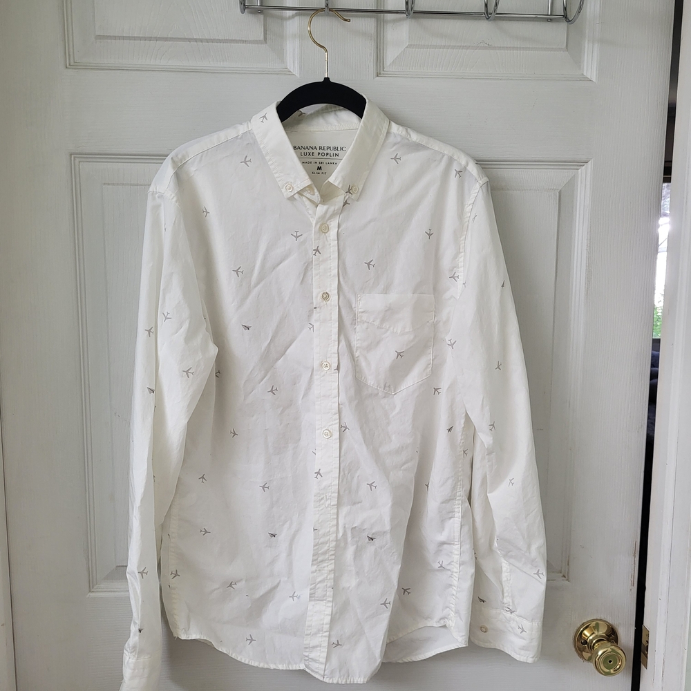 Banana Republic Airplane Print White Casual Button Down Luxe Poplin - Size Med